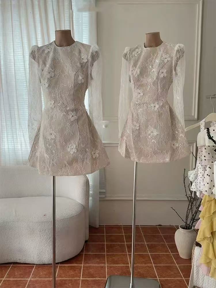AMY Elegant Beige Floral Lace Mini Dress | Puffed Long Sleeve & Sheer Appliques