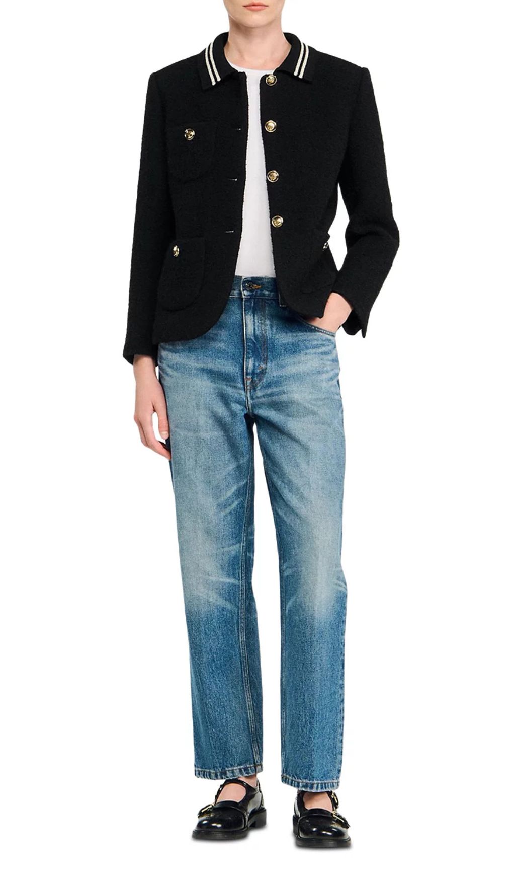 Chic Black Tweed Jacket | Contrast Striped Collar & Gold Buttons