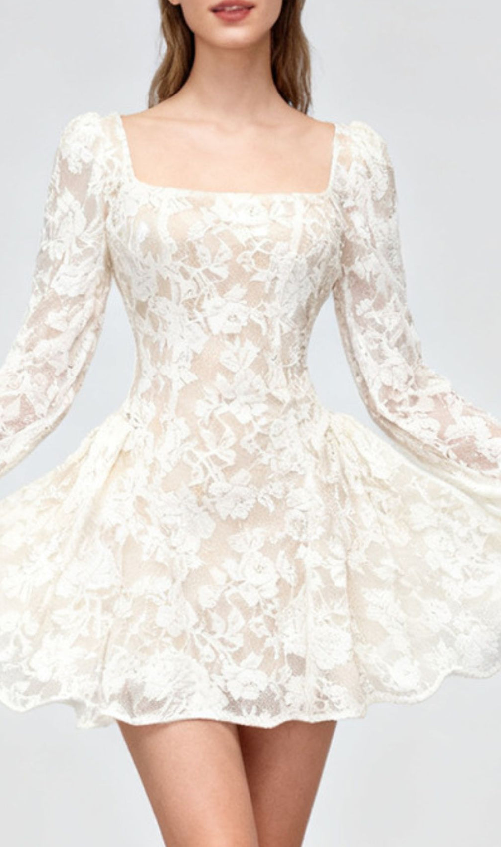 Ilithyia Romantic Lace Long Sleeve Mini Dress - Square Neck A-Line