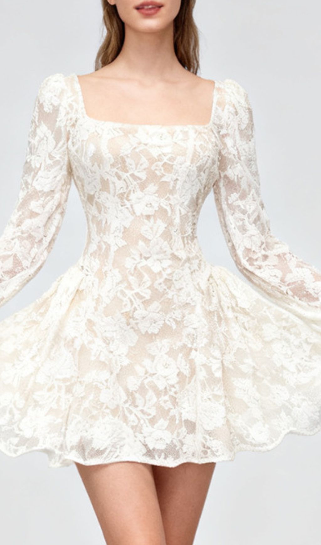 Ilithyia Romantic Lace Long Sleeve Mini Dress - Square Neck A-Line