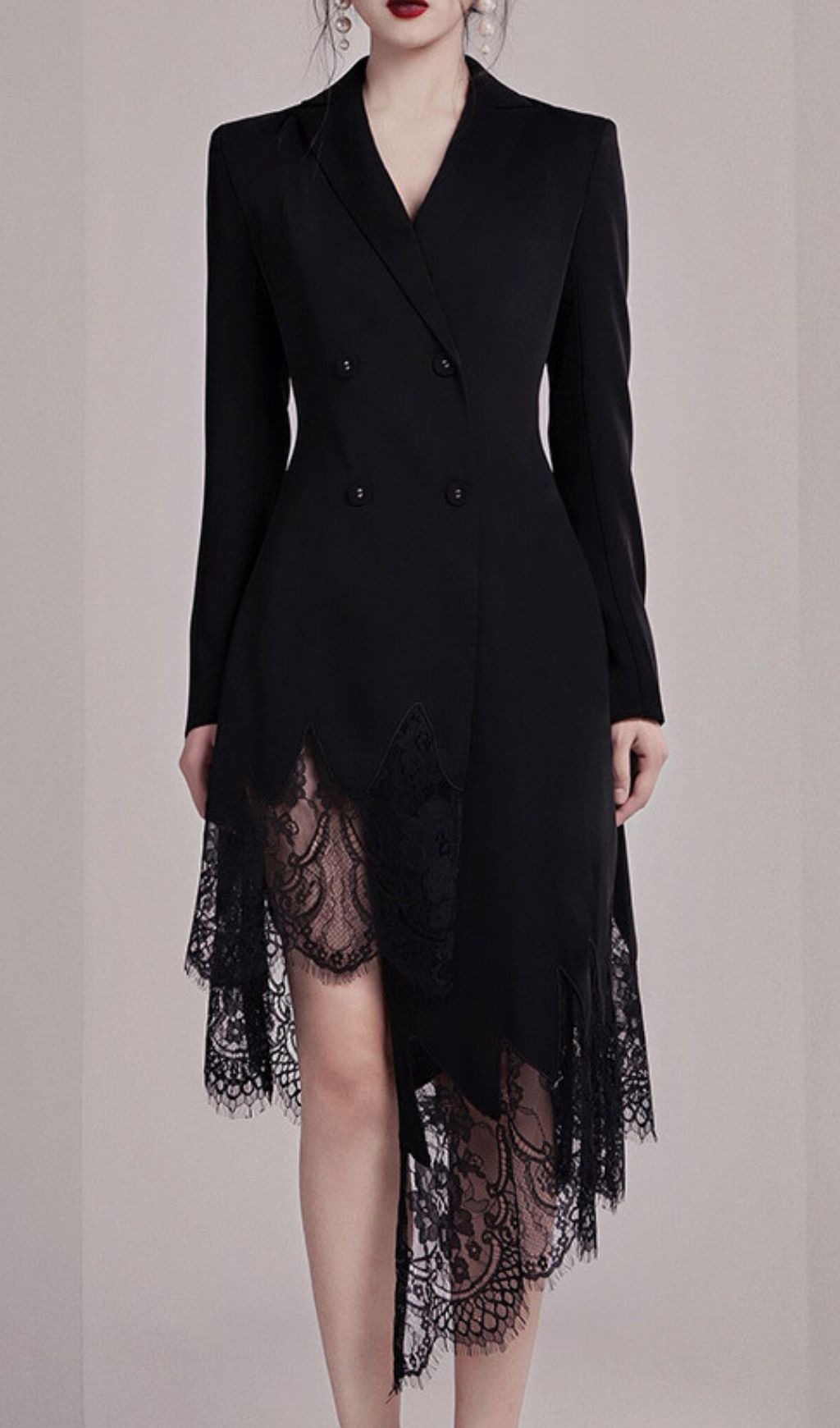 Inez Black Lace Asymmetrical Blazer Dress | Elegant Long Sleeve