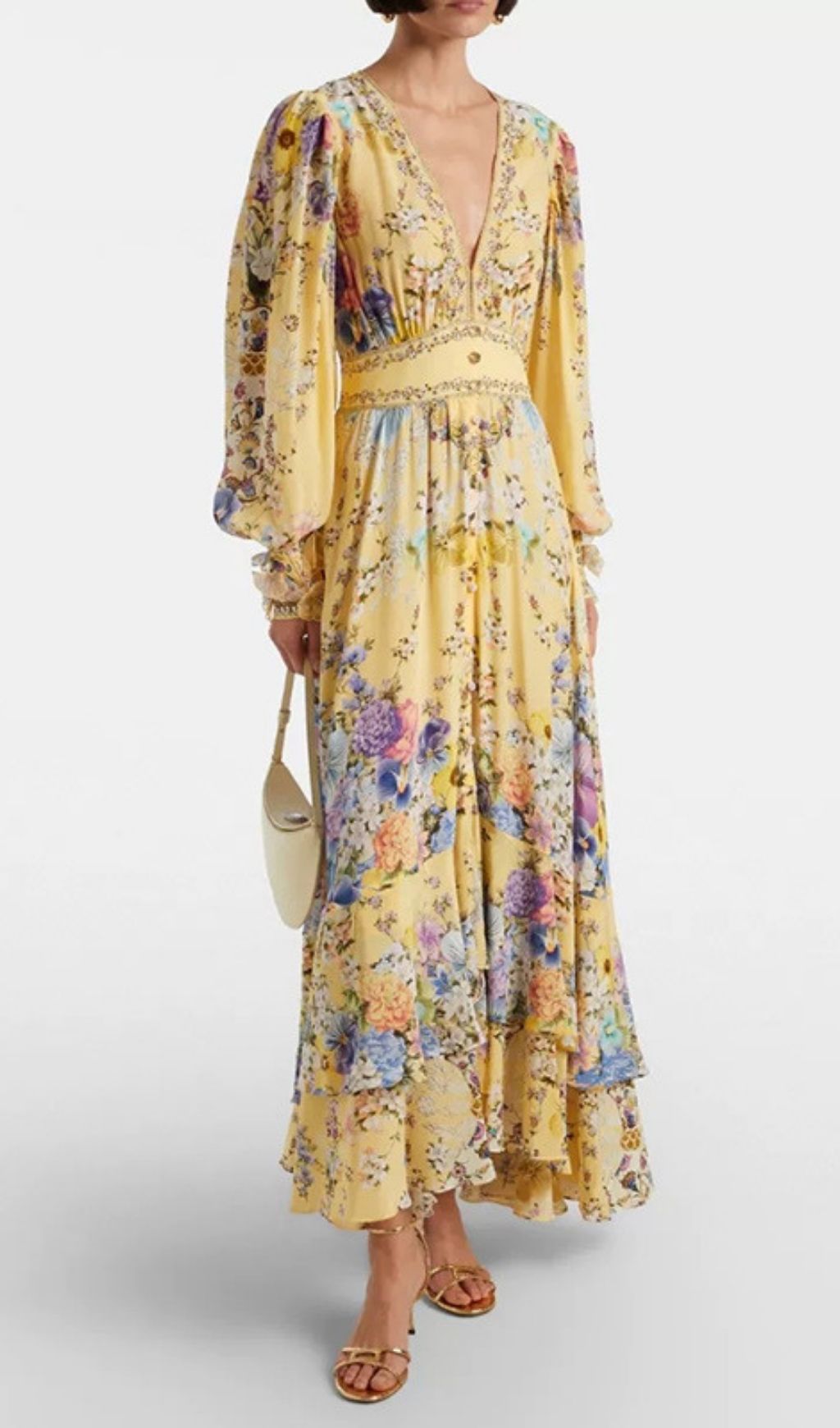 Kayli Vibrant Yellow Floral Maxi Dress - Elegant V-Neck & Flowy Sleeves