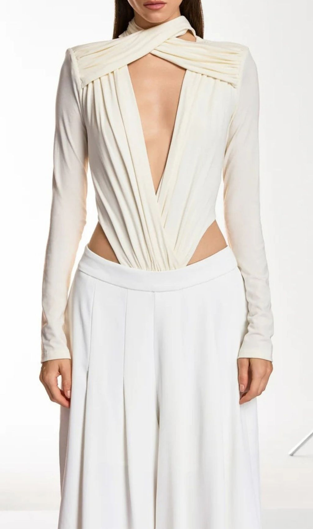 Dangela Luxe Draped Deep V Long Sleeve Bodysuit