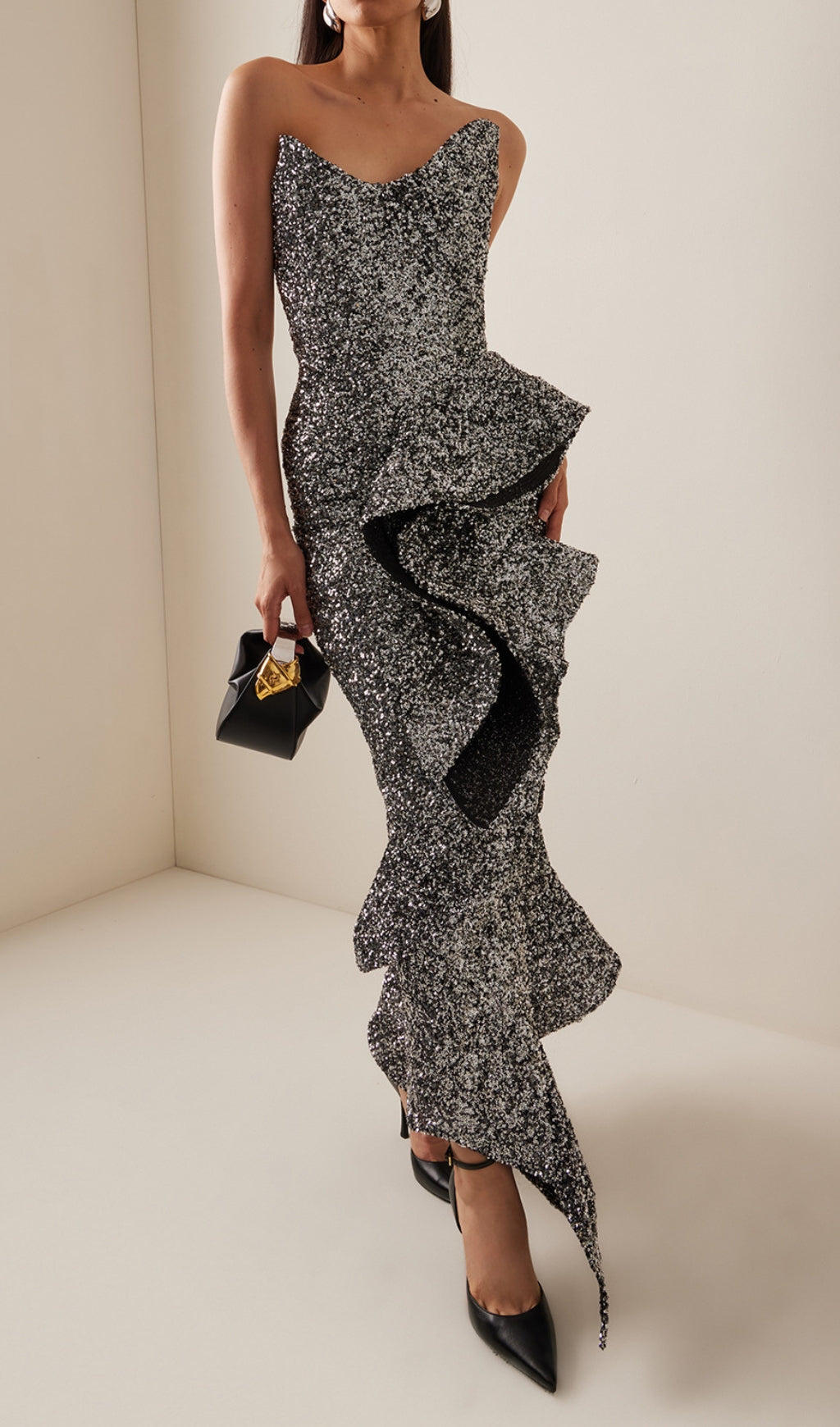 Douce Strapless Sequin Ruffle Maxi Dress