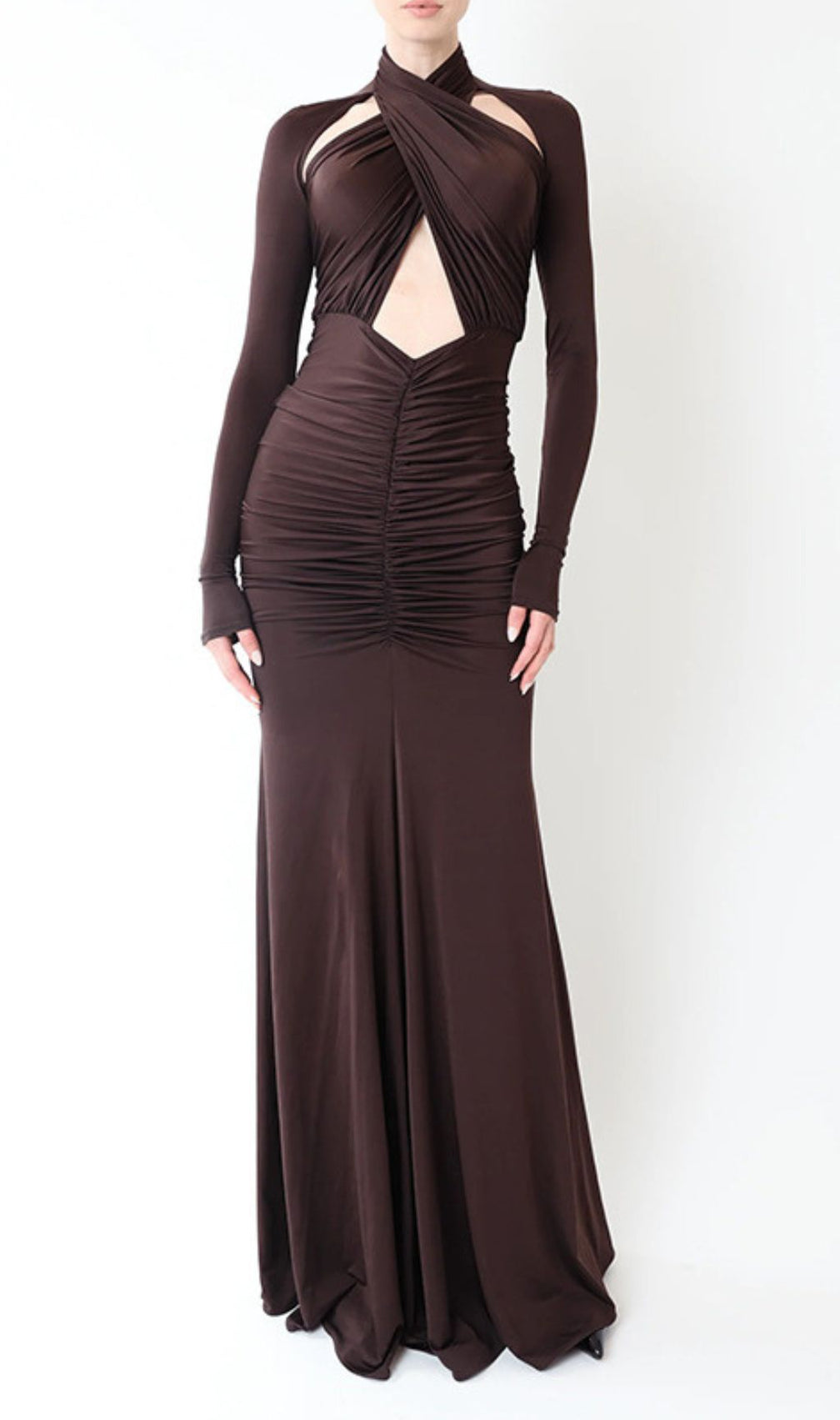 Inaya Coffee Elegance: Ruched Cut-Out Long Sleeve Maxi Dress