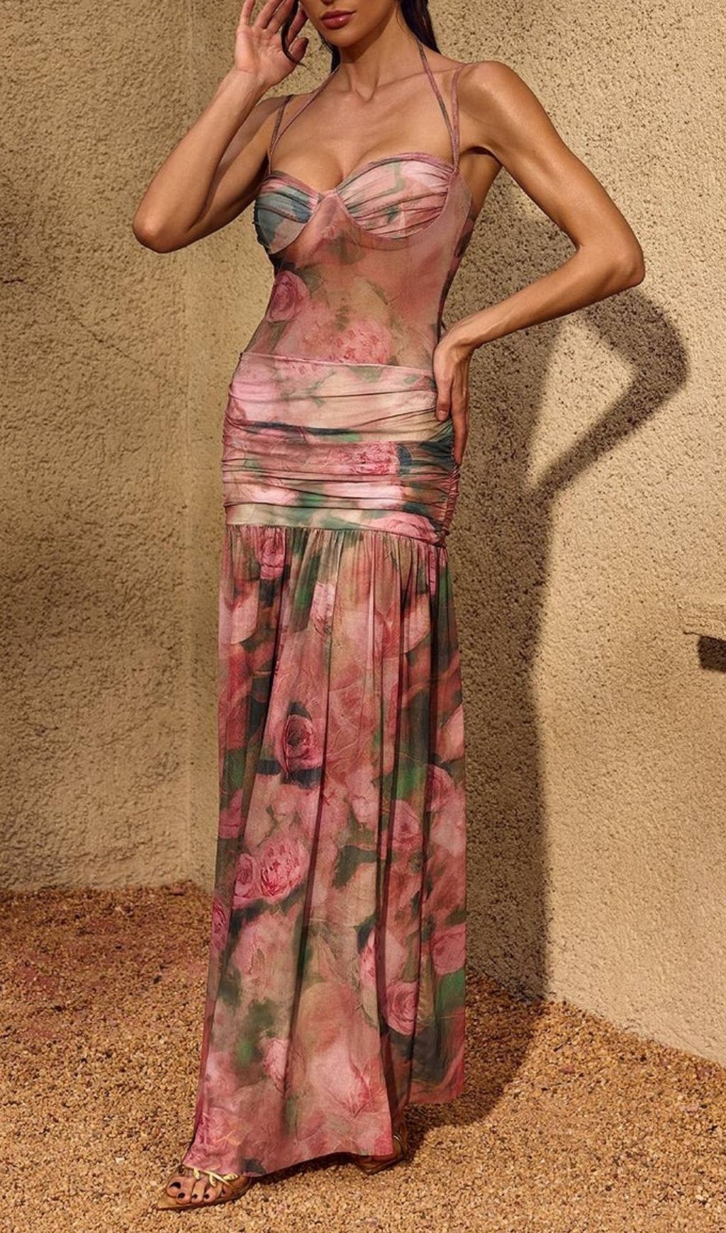 Chantal Romantic Floral Ruched Mesh Maxi Dress | Sheer Elegance for Women