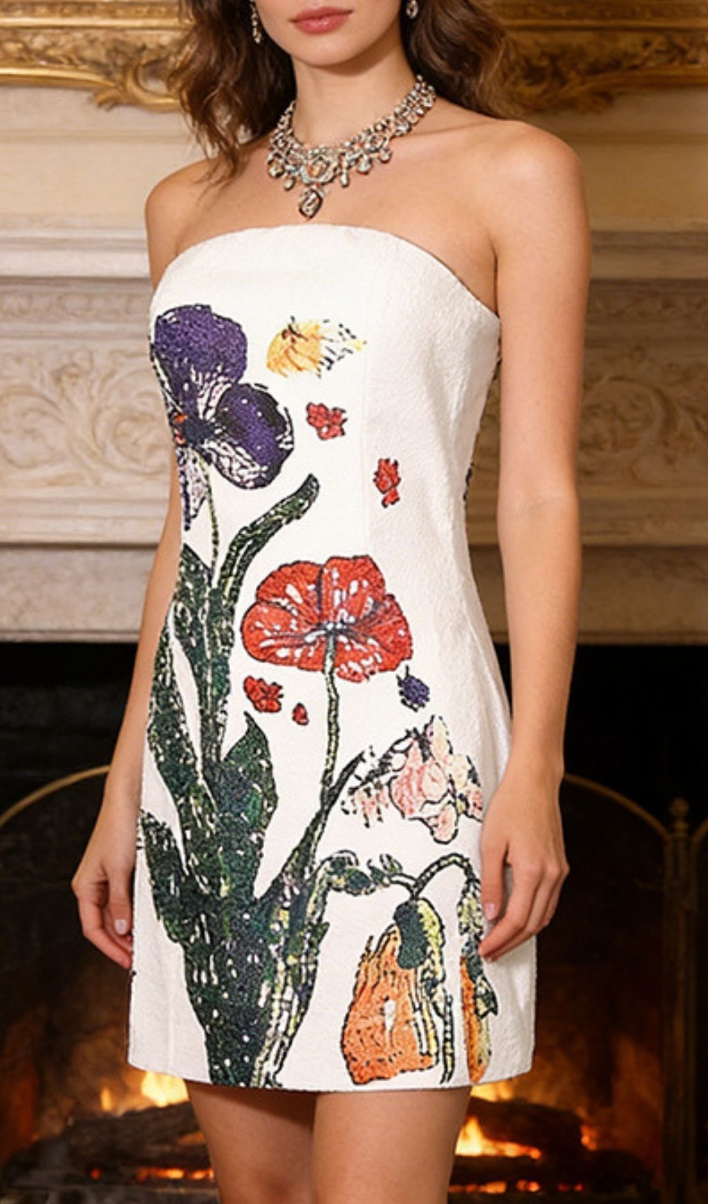 Kenley White Strapless Vibrant Floral Embroidered Mini Dress