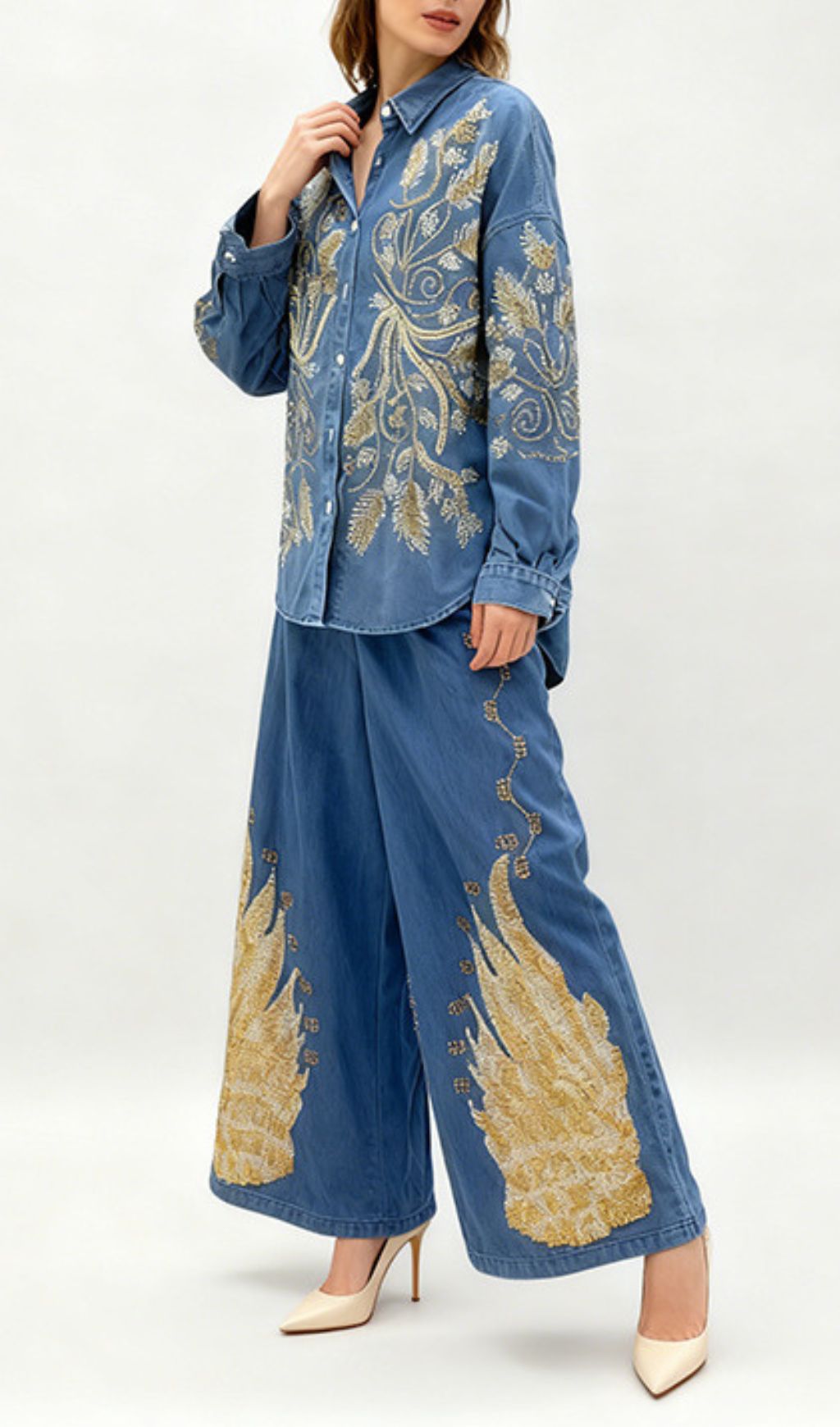 Jena Artisan Embroidered Denim Set - Women's Boho Chic Wide-Leg Pants & Shirt