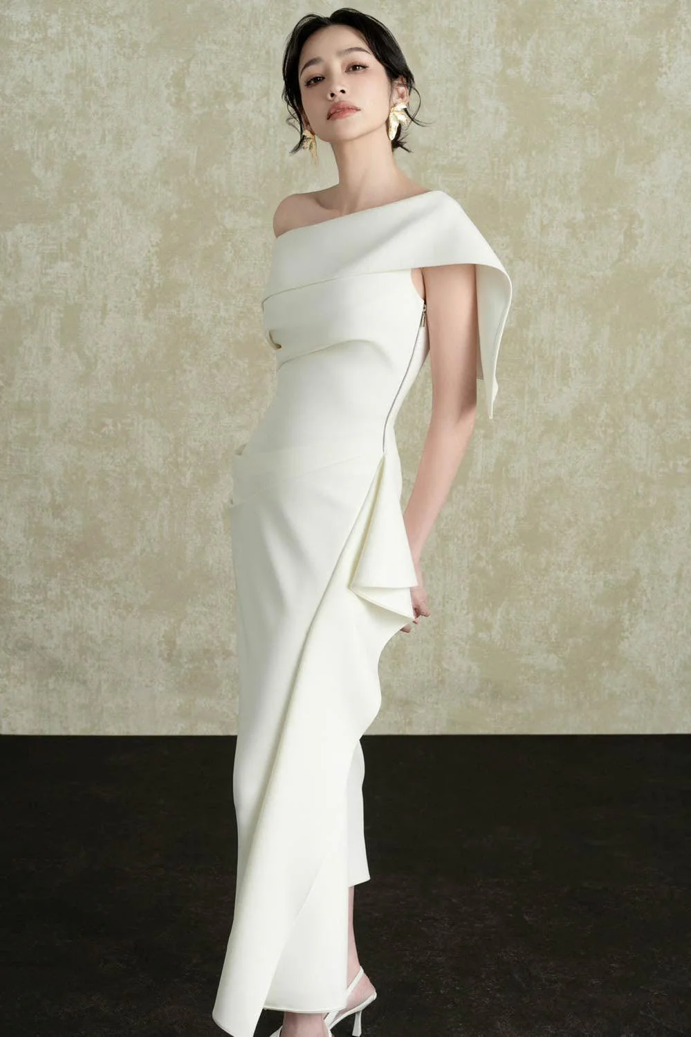 Arene Elegant White Off-Shoulder Asymmetrical Midi Dress | Formal Event Gown