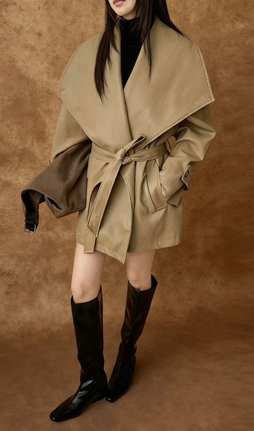 Honoka Women's Chic Faux Leather Wrap Trench Coat - Olive Green Belted Outerwear