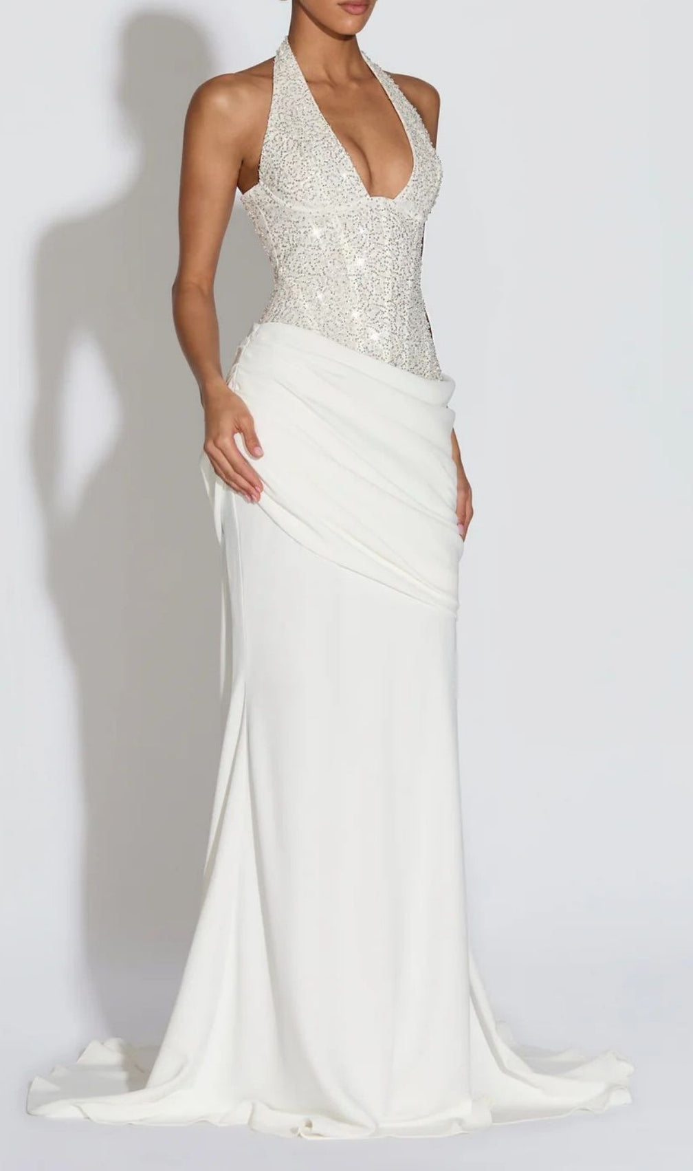 Anisij Shimmering White Sequin Halterneck Maxi Gown