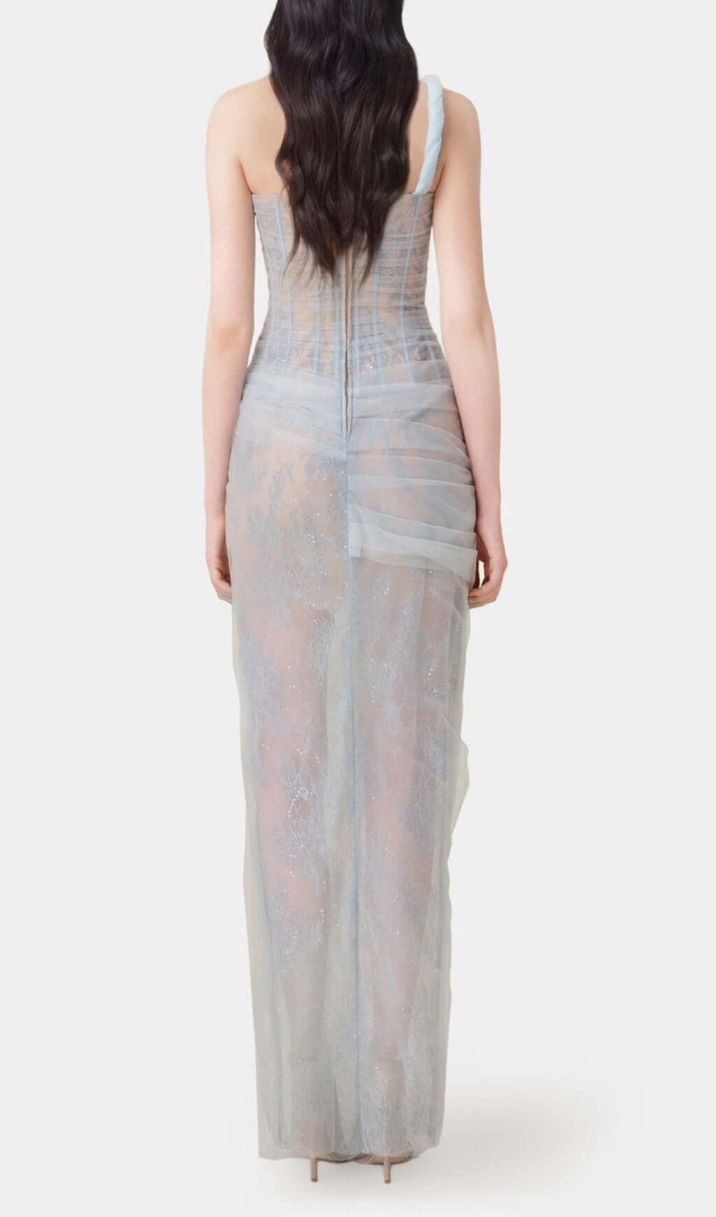Anandi Blue Mesh Corset Maxi Dress