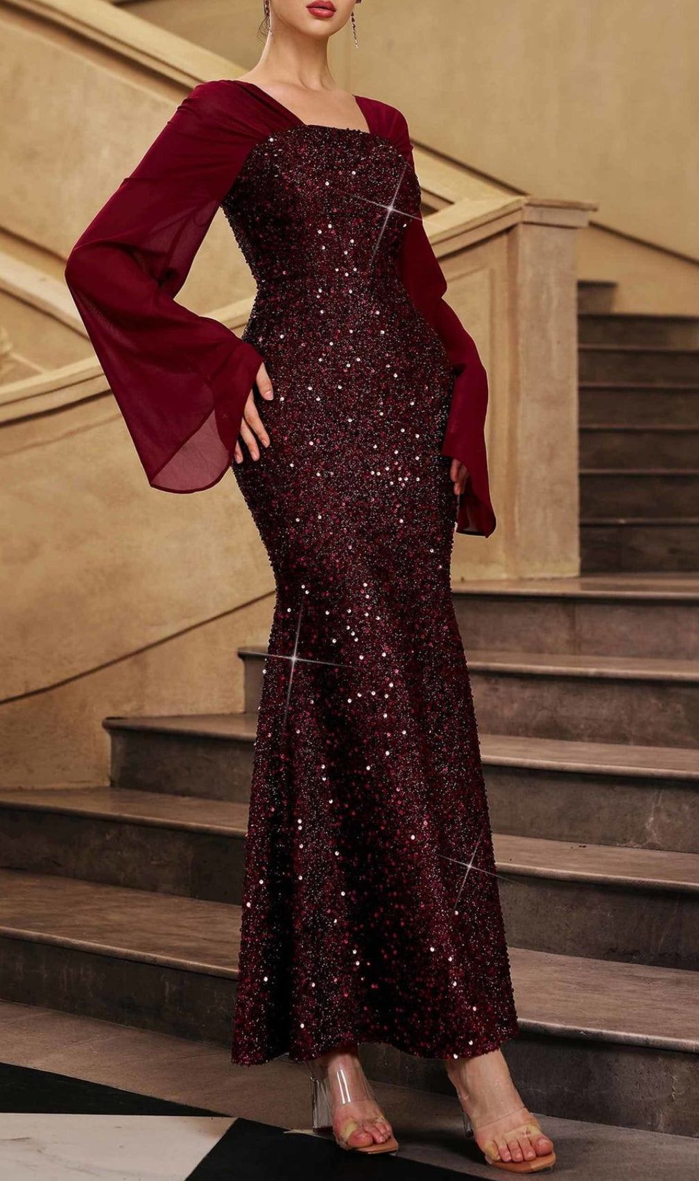 Honovi Dazzling Wine Sequin Long Sleeve Maxi Dress - Elegant Formal Gown