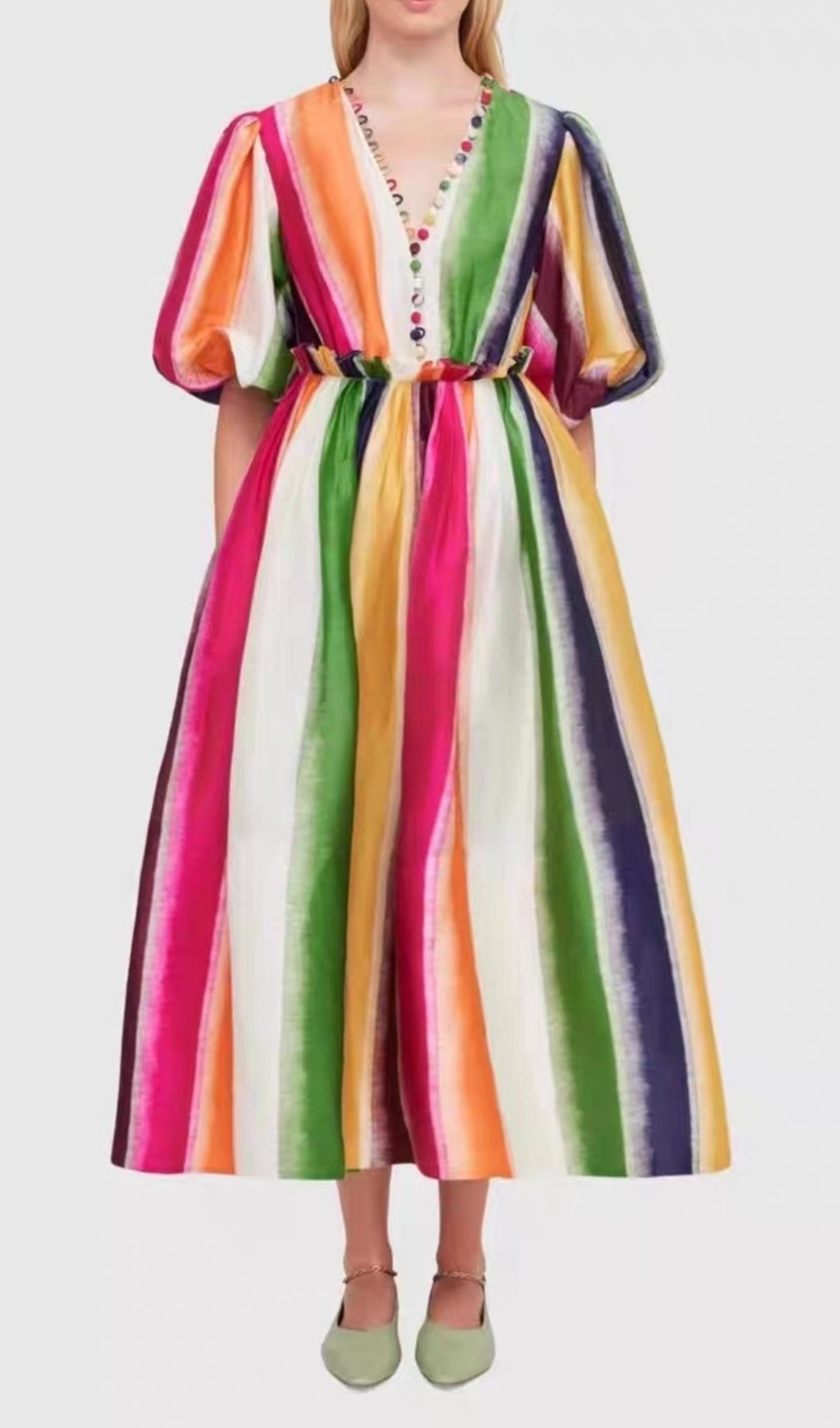 Erix Colorful Puff-Sleeve Midi Dress