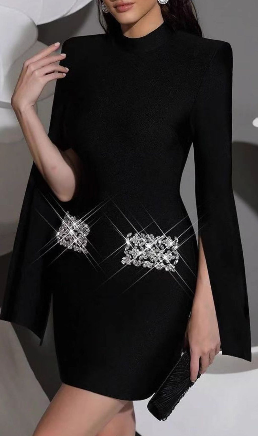 Irida Glamorous Black Diamante Flared Sleeve Mini Dress