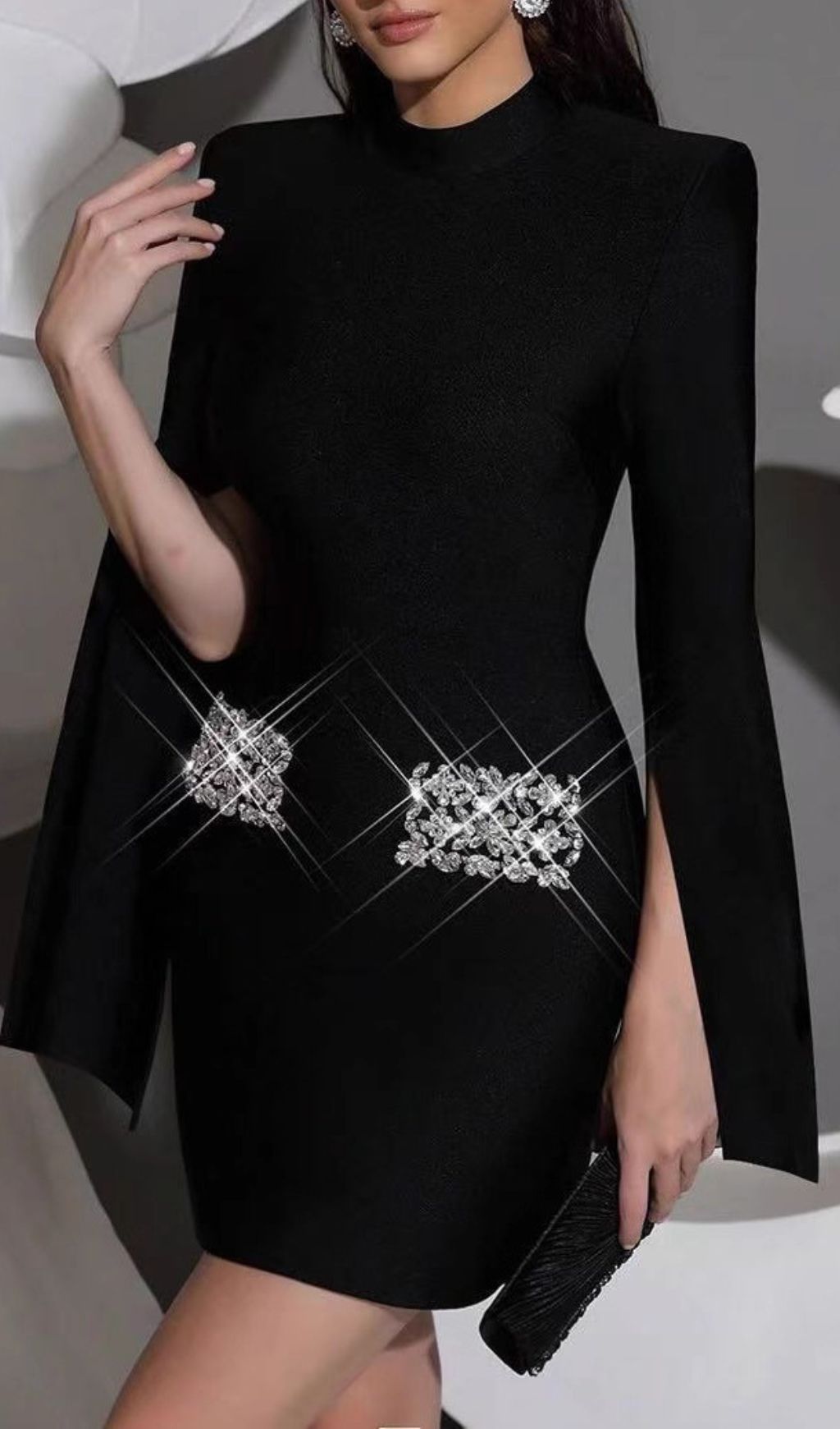 Irida Glamorous Black Diamante Flared Sleeve Mini Dress