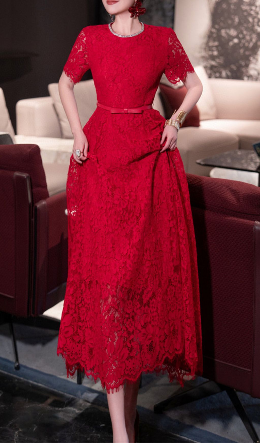 Hilary Red Lace Midi Dress