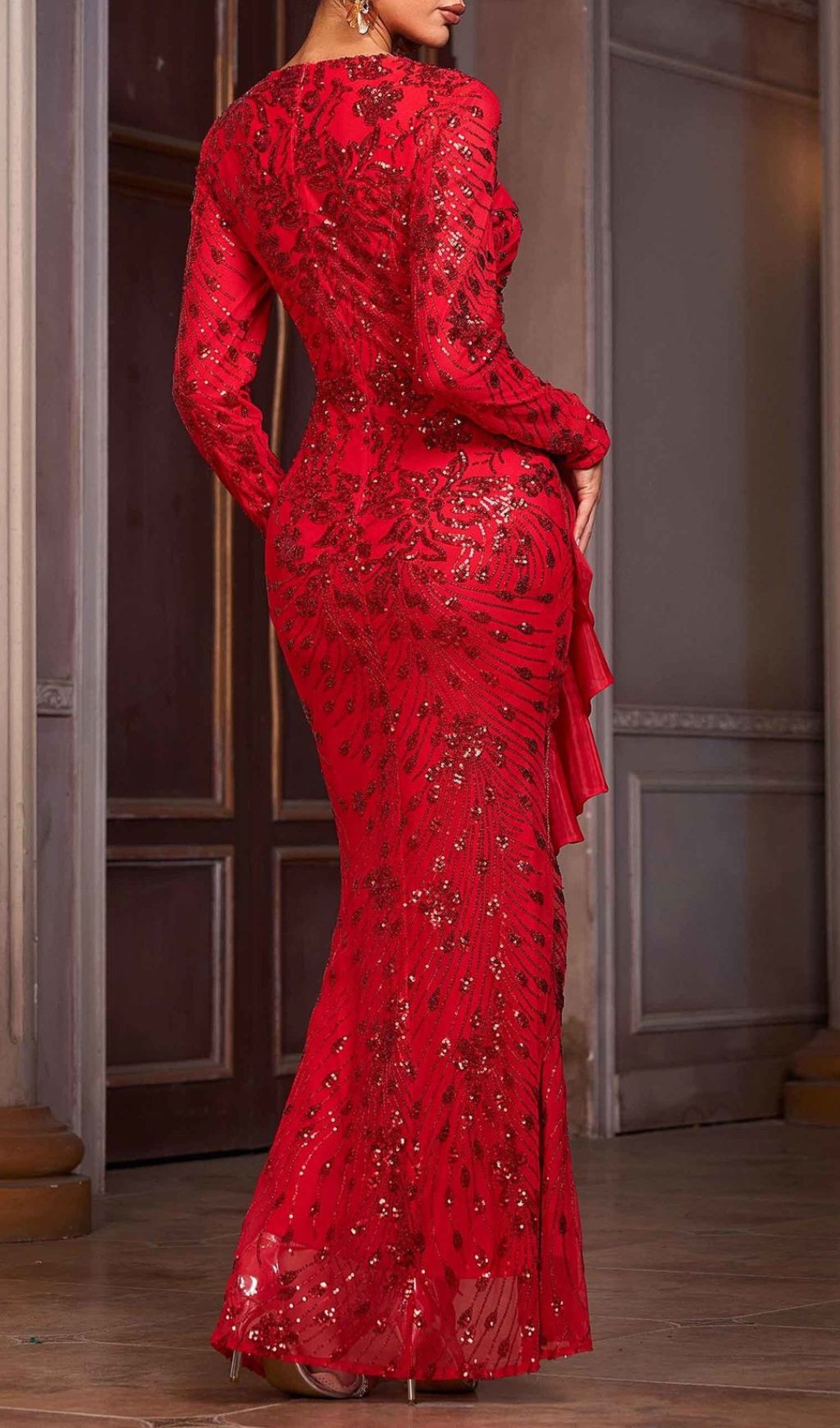 Helaine Red Sequin Long Sleeve Maxi Dress