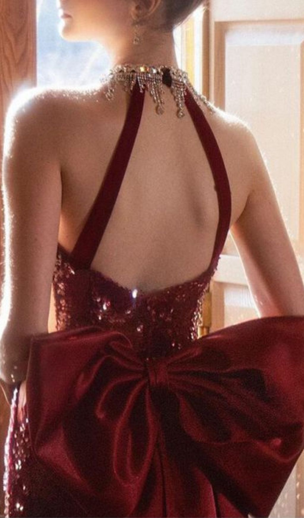 Inocencia Wine Red Sequin Halter Maxi Gown with Statement Bow