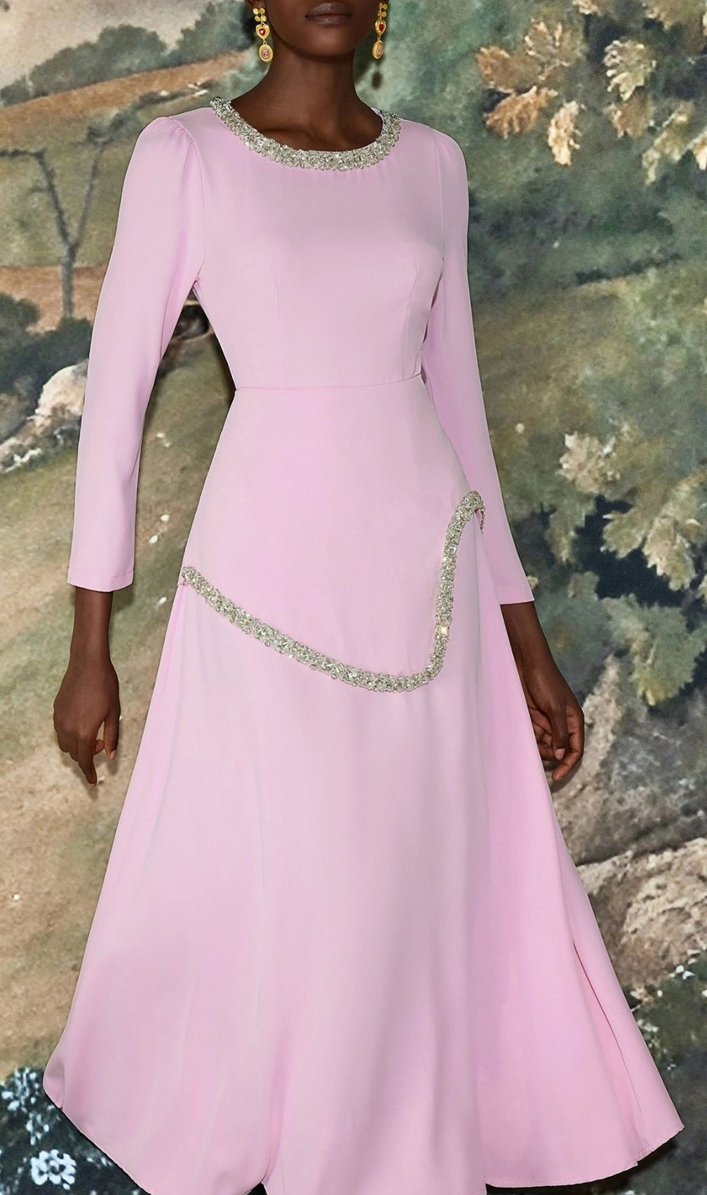 Damla Crystal & Rhinestone Embellished Pink Midi Dress - Elegant Three-Quarter Sleeve Gown