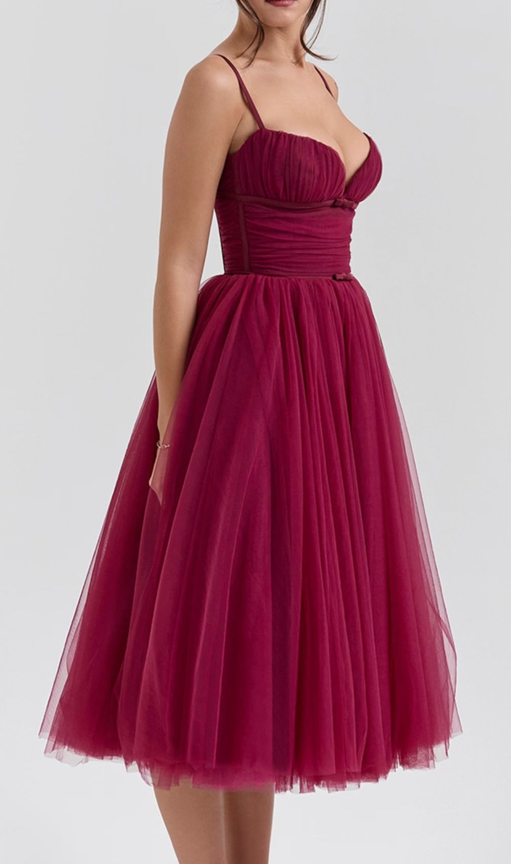 Diellza Wine Mesh Midi Dress