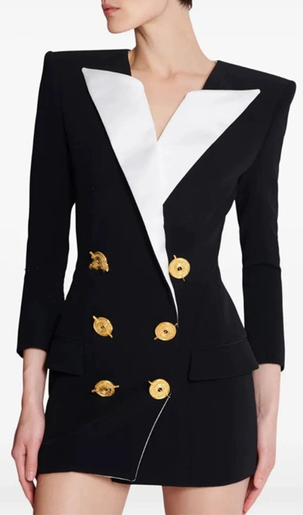 Heulwen Black Double-Breasted Tuxedo Blazer Dress with Contrast Lapels
