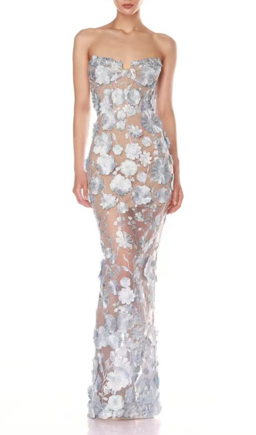 Decla Blue Strapless Flower Maxi Dress