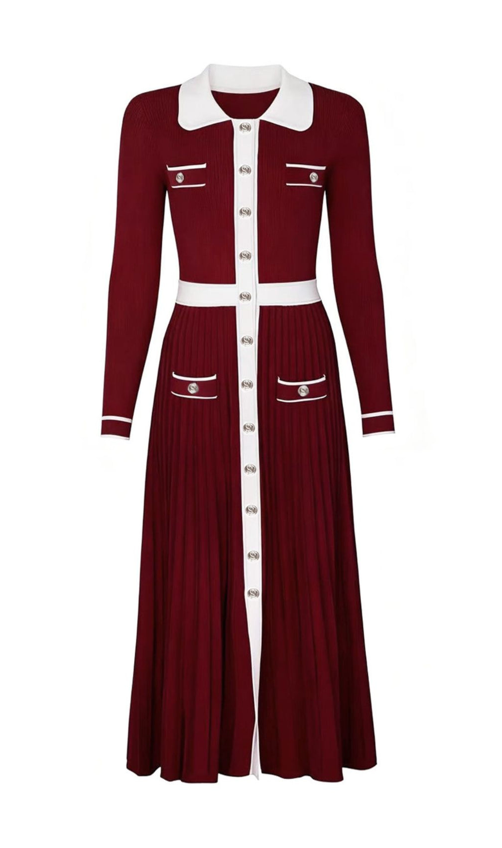 Judy Chic Button-Front Contrast Trim Knit Midi Dress