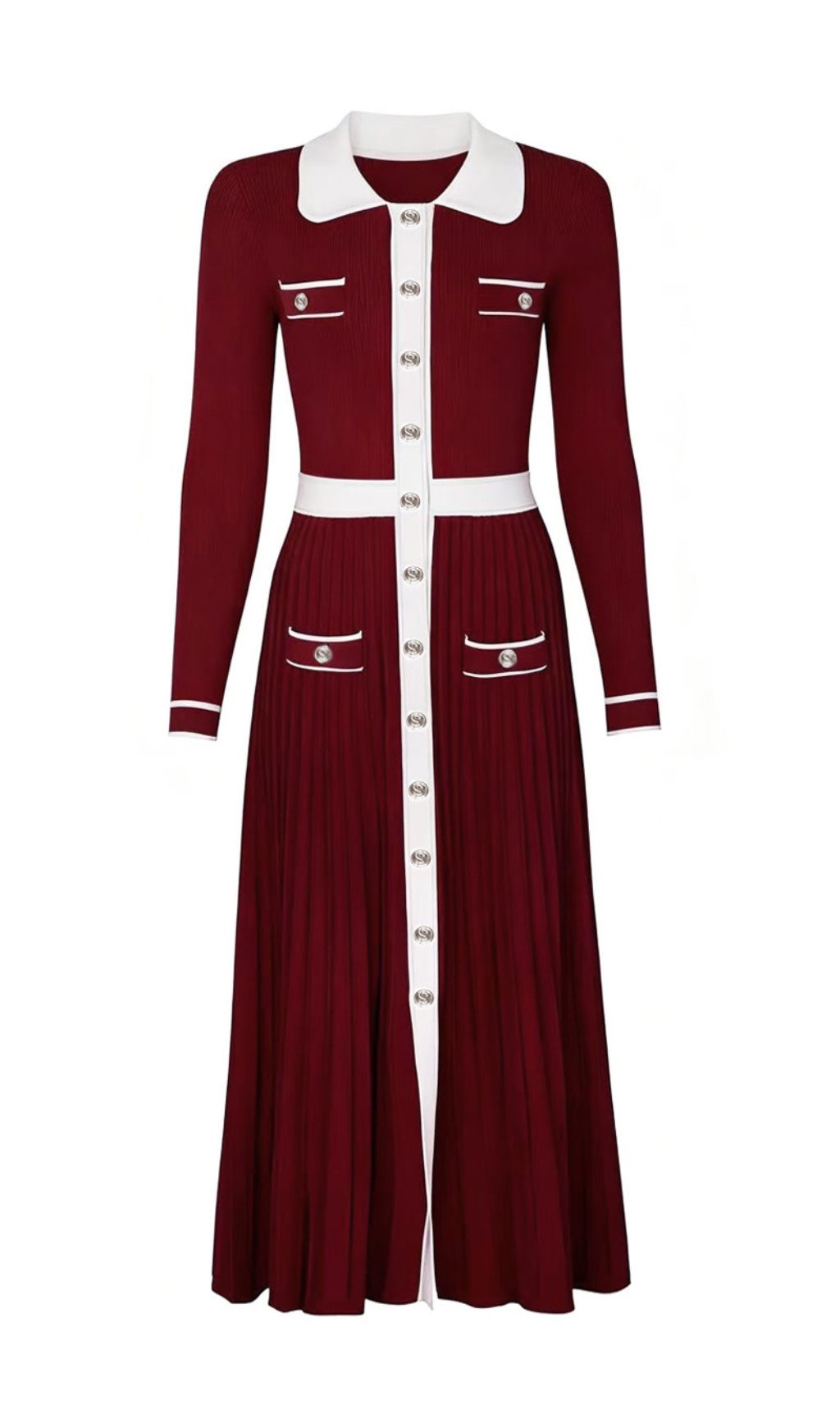 Judy Chic Button-Front Contrast Trim Knit Midi Dress