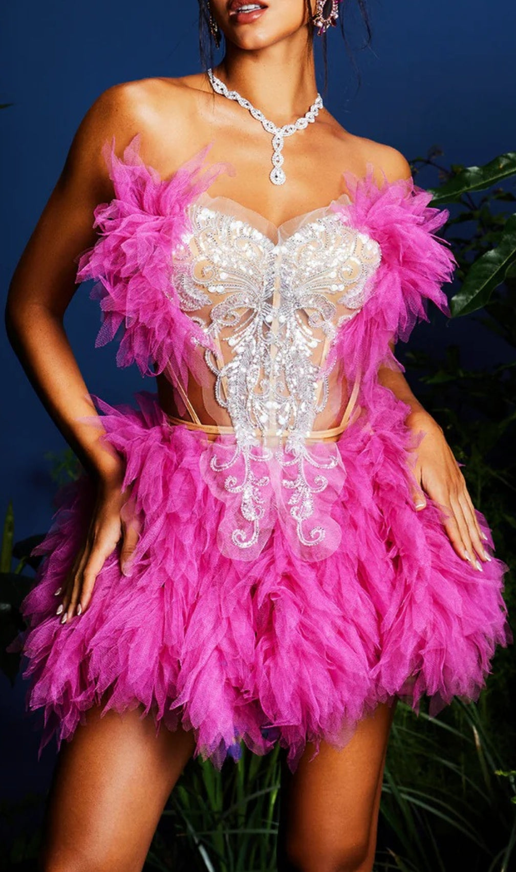 Jolleen Strapless Embellished Tulle Skirt Set In Hot Pink