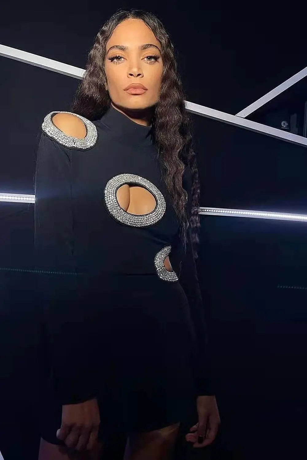 Black Crew Neck Long Sleeve Beaded Cutout Ring Bandage Dress