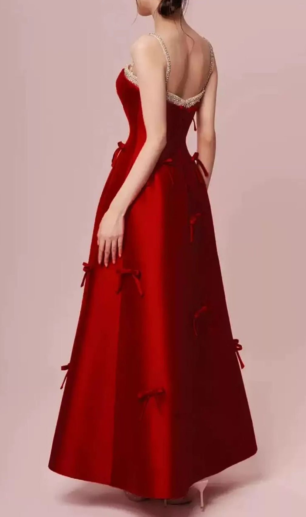 Kiara Red Bow-Embellished Strappy Maxi Dress - Elegant Gala & Event Gown
