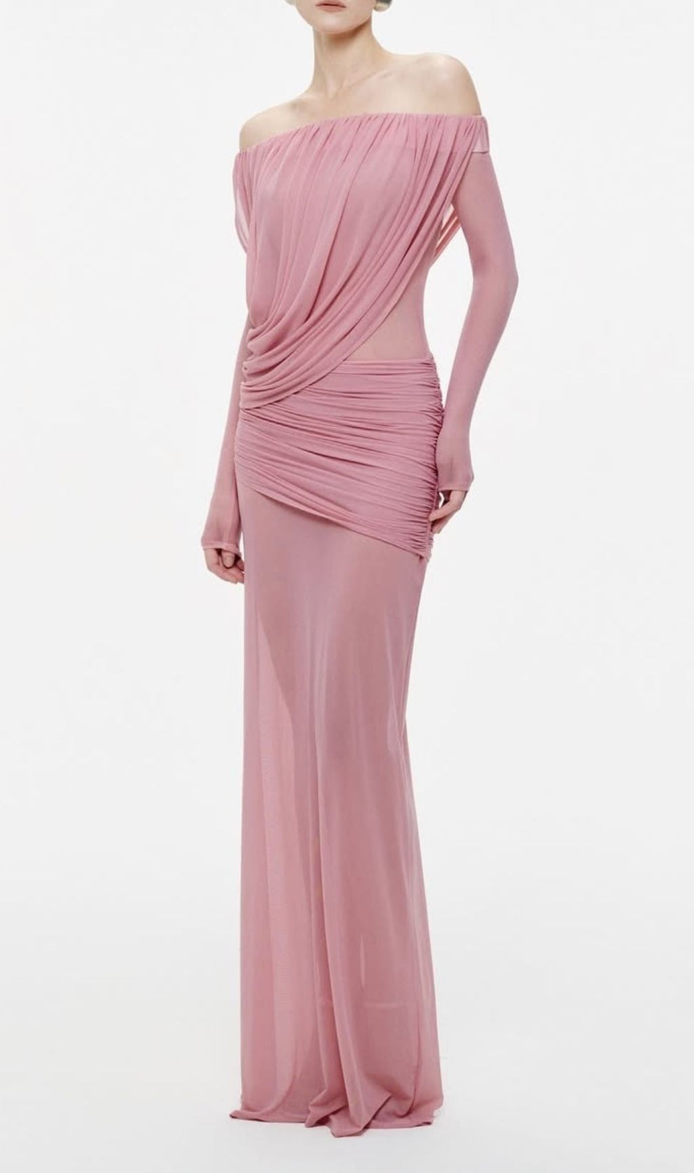 Keely Elegant Off-Shoulder Long Sleeve Mesh Maxi Dress | Evening Gala Gown