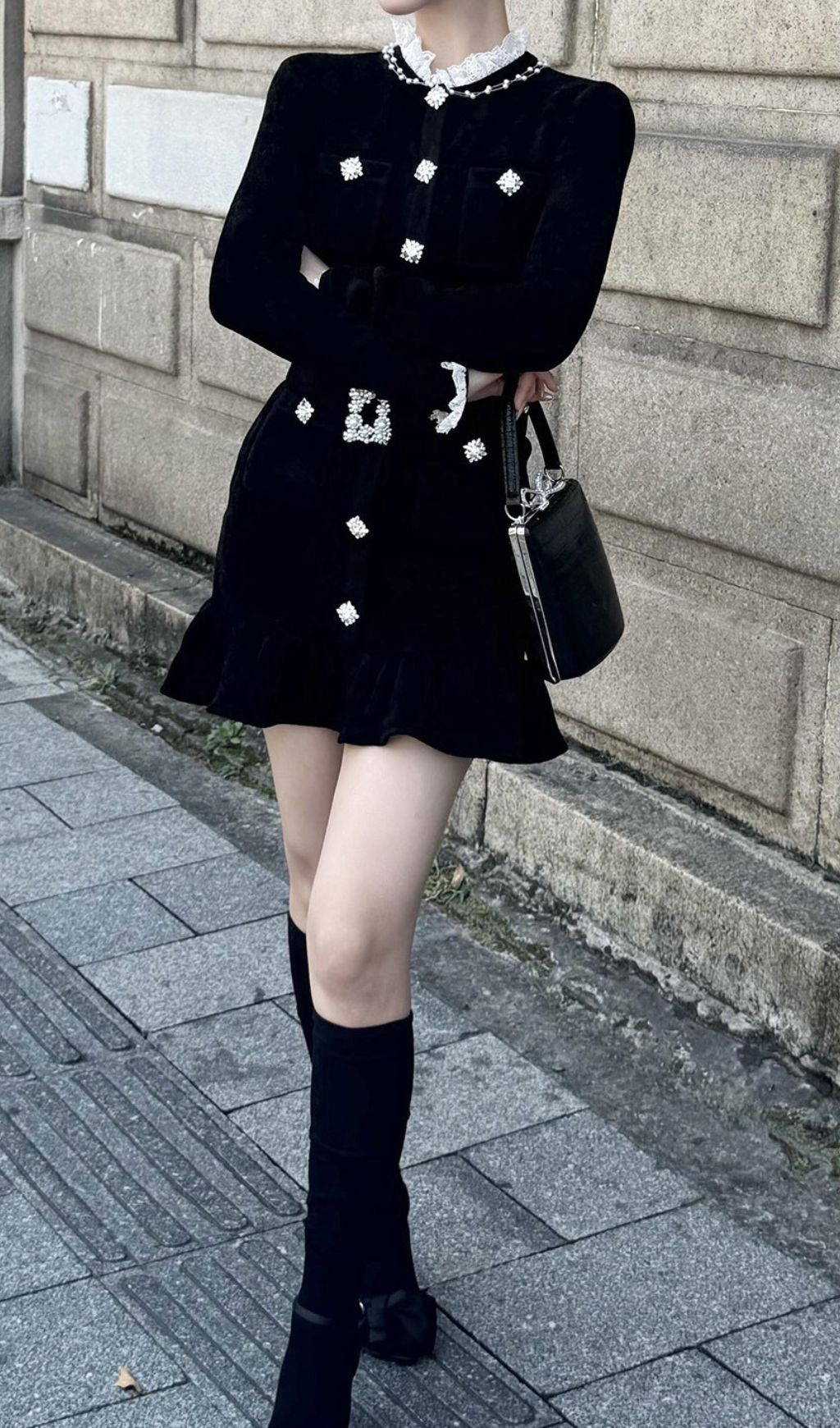 Hiraani Black Velvet Glam Mini Dress | Luxe Ruffle Lace & Crystal Embellishments