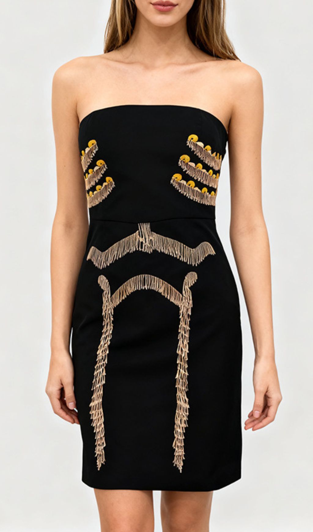 Julissa Black Strapless Tassel Mini Dress | Chic Fringe Bodycon Party Style