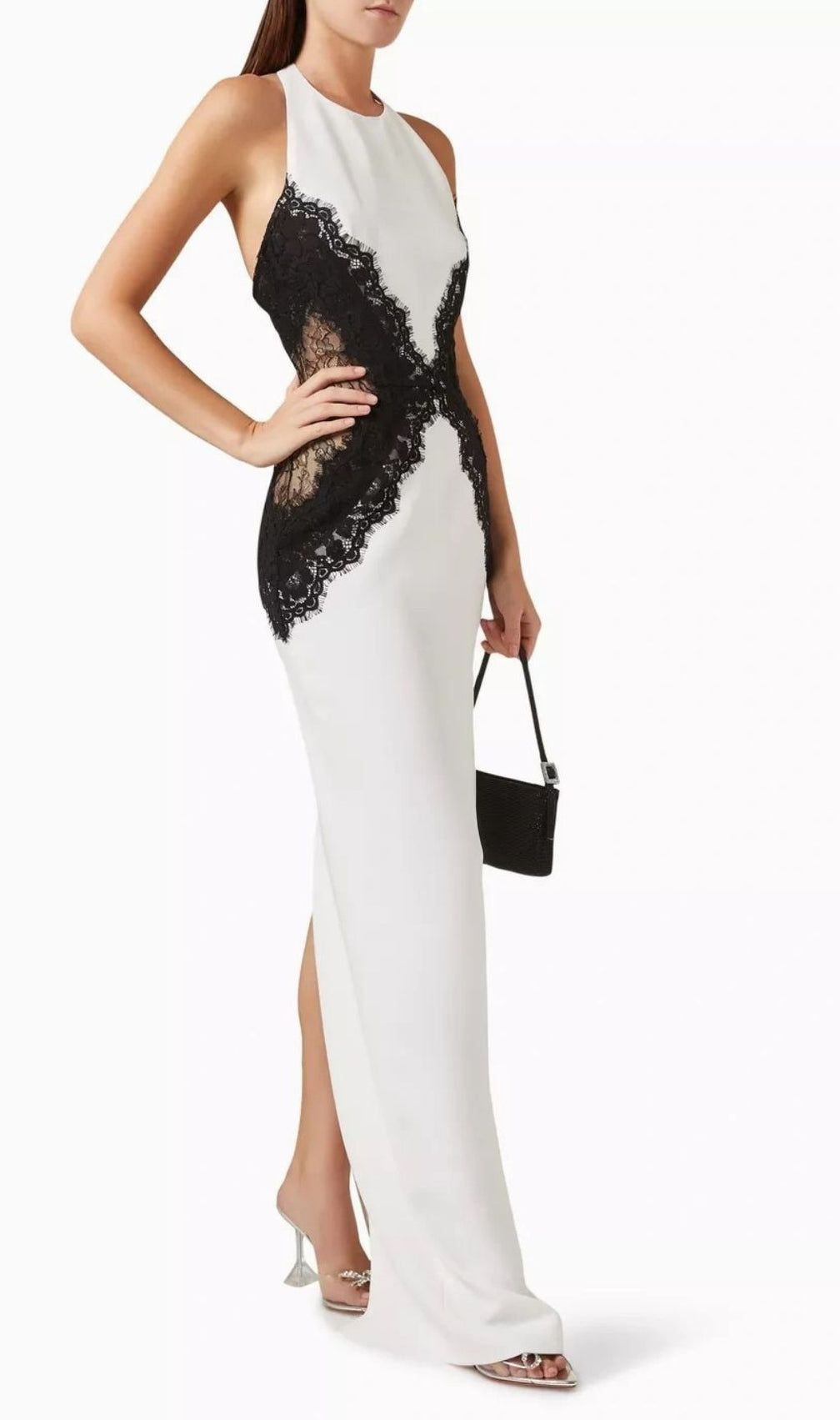 Kaylani Chic White Halter Maxi Dress with Black Lace Inset