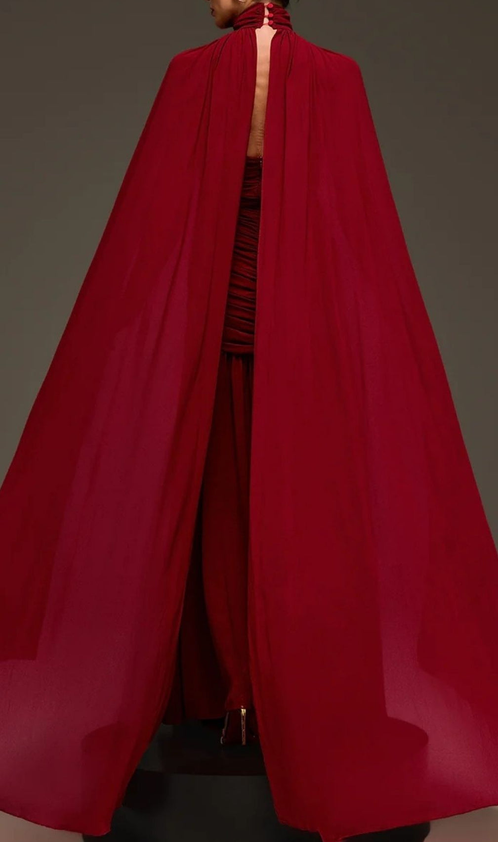 Evarix Glamorous Burgundy Cape Sleeve Maxi Gown