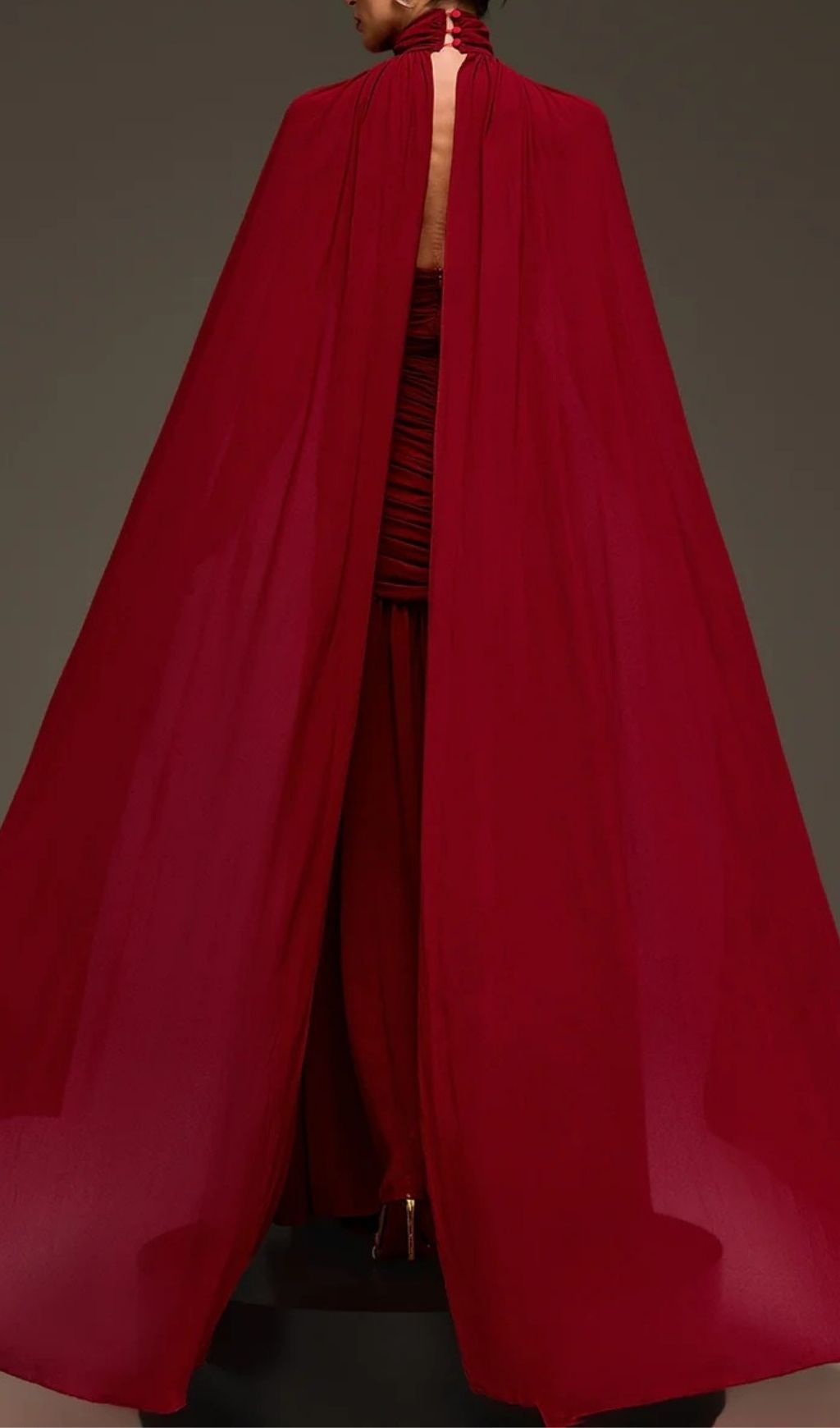 Evarix Glamorous Burgundy Cape Sleeve Maxi Gown