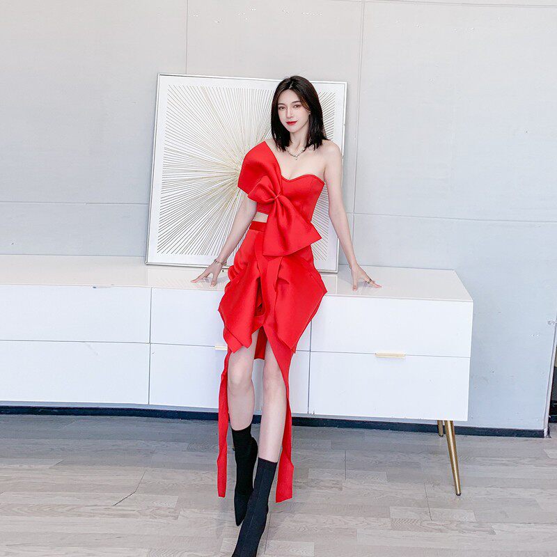 Dolores Red Bow Strapless Two-Piece Set | Asymmetrical Skirt & Ribbon Detail for Gala & Party