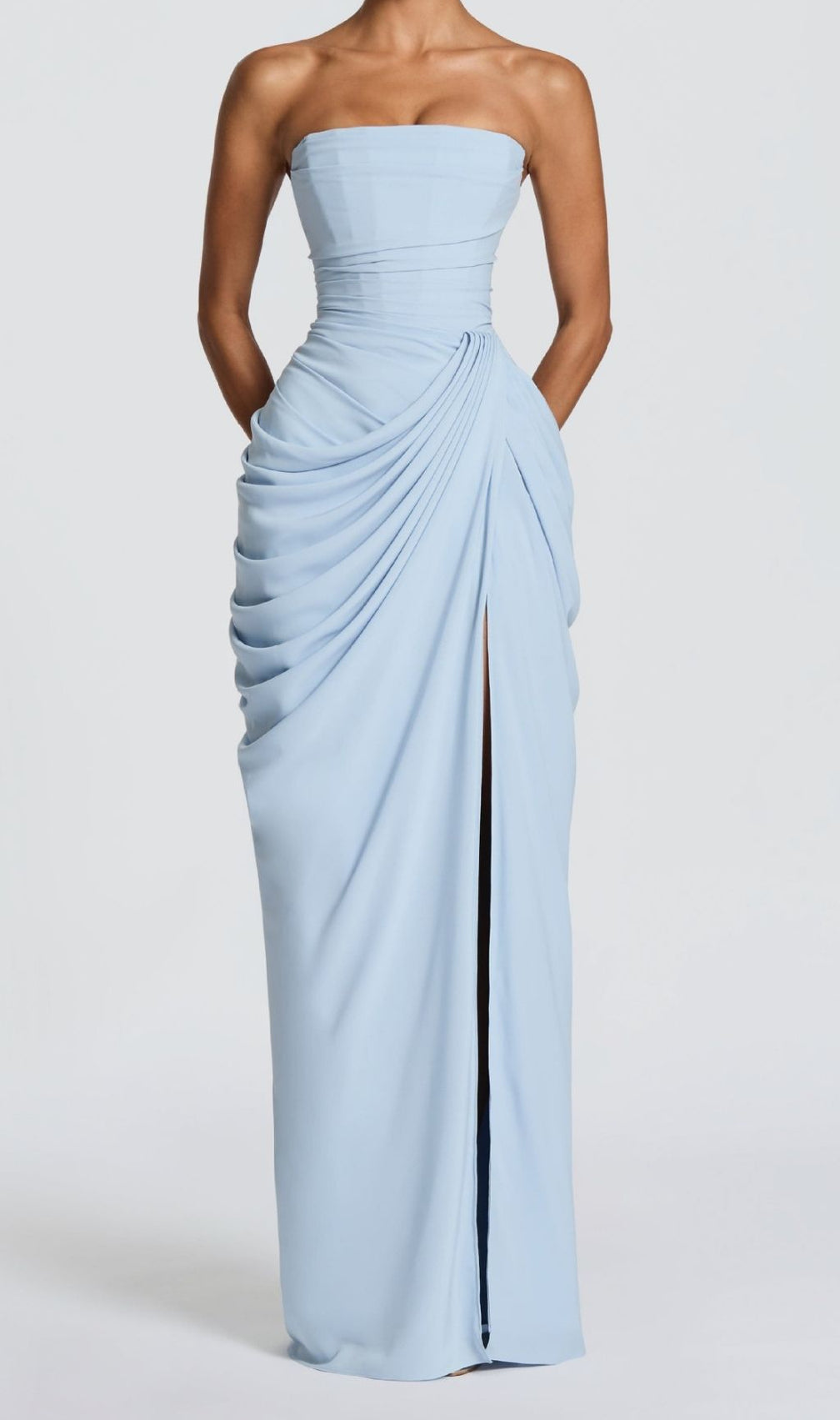 Kellyn Sky Blue Strapless Corset Maxi Gown | High-Slit Formal Evening Dress