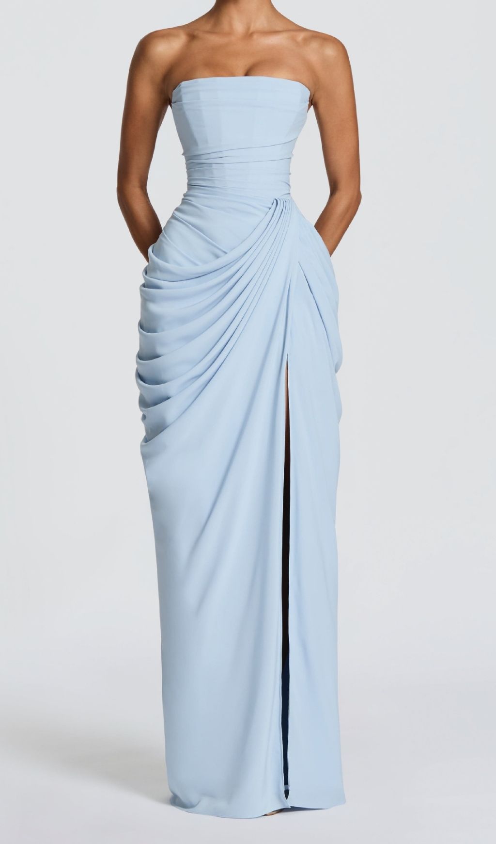 Kellyn Sky Blue Strapless Corset Maxi Gown | High-Slit Formal Evening Dress