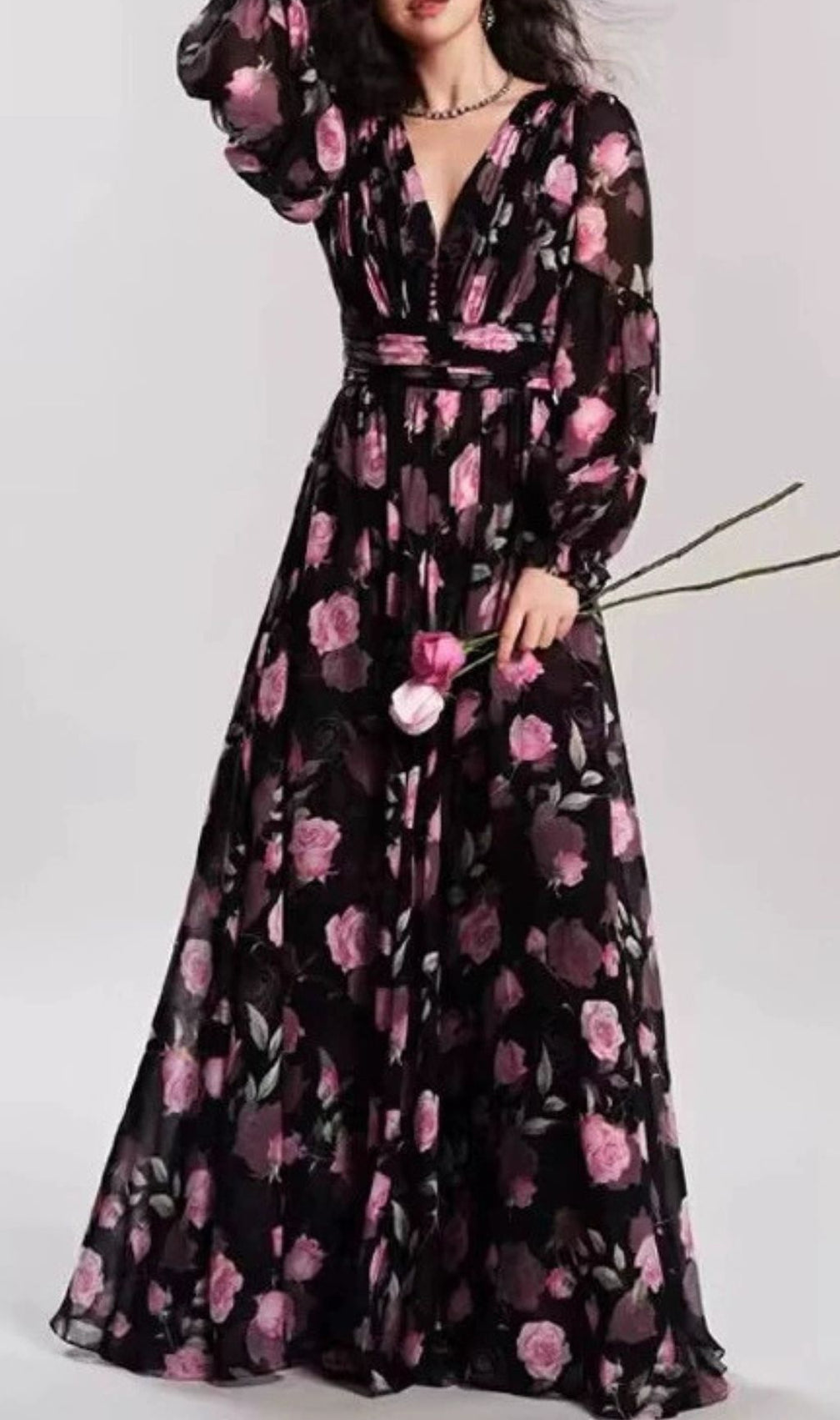 Hinda Floral Printed Long Sleeve Maxi Dress