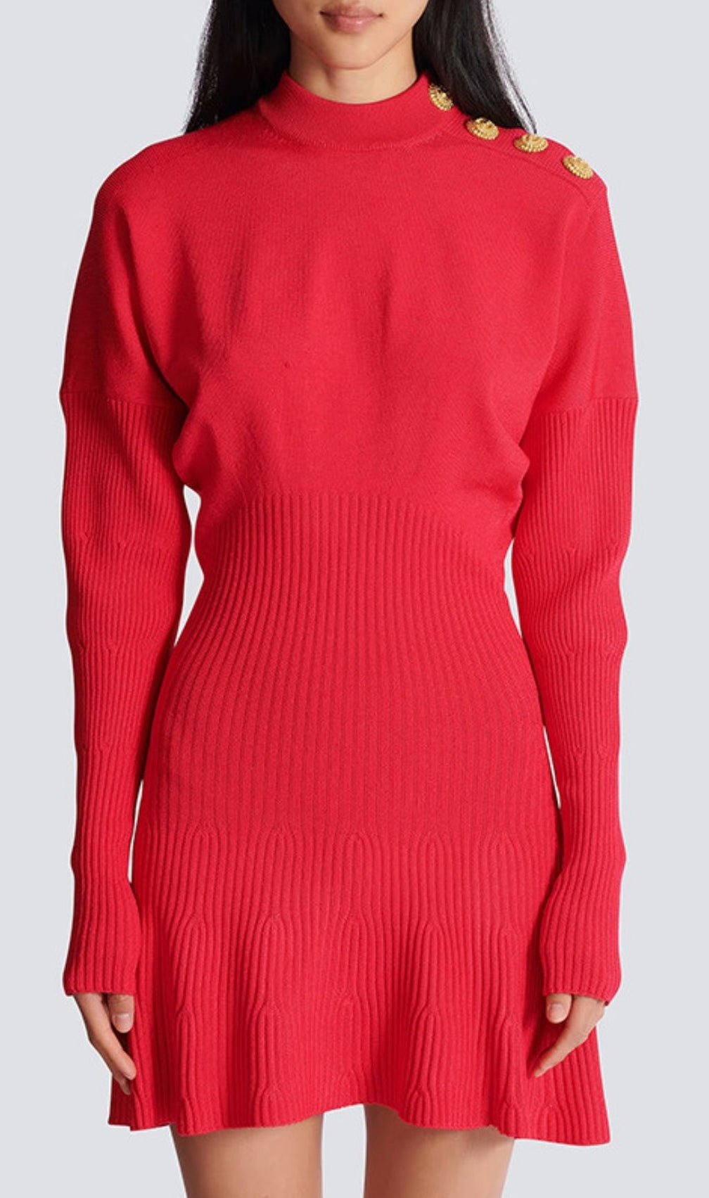 Kamryn Chic Red Ribbed Knit Mini Dress | Gold Button Long Sleeve