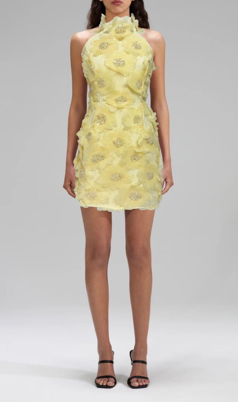 Radiant Pavryn Yellow Halterneck Sequin Flower Mini Dress