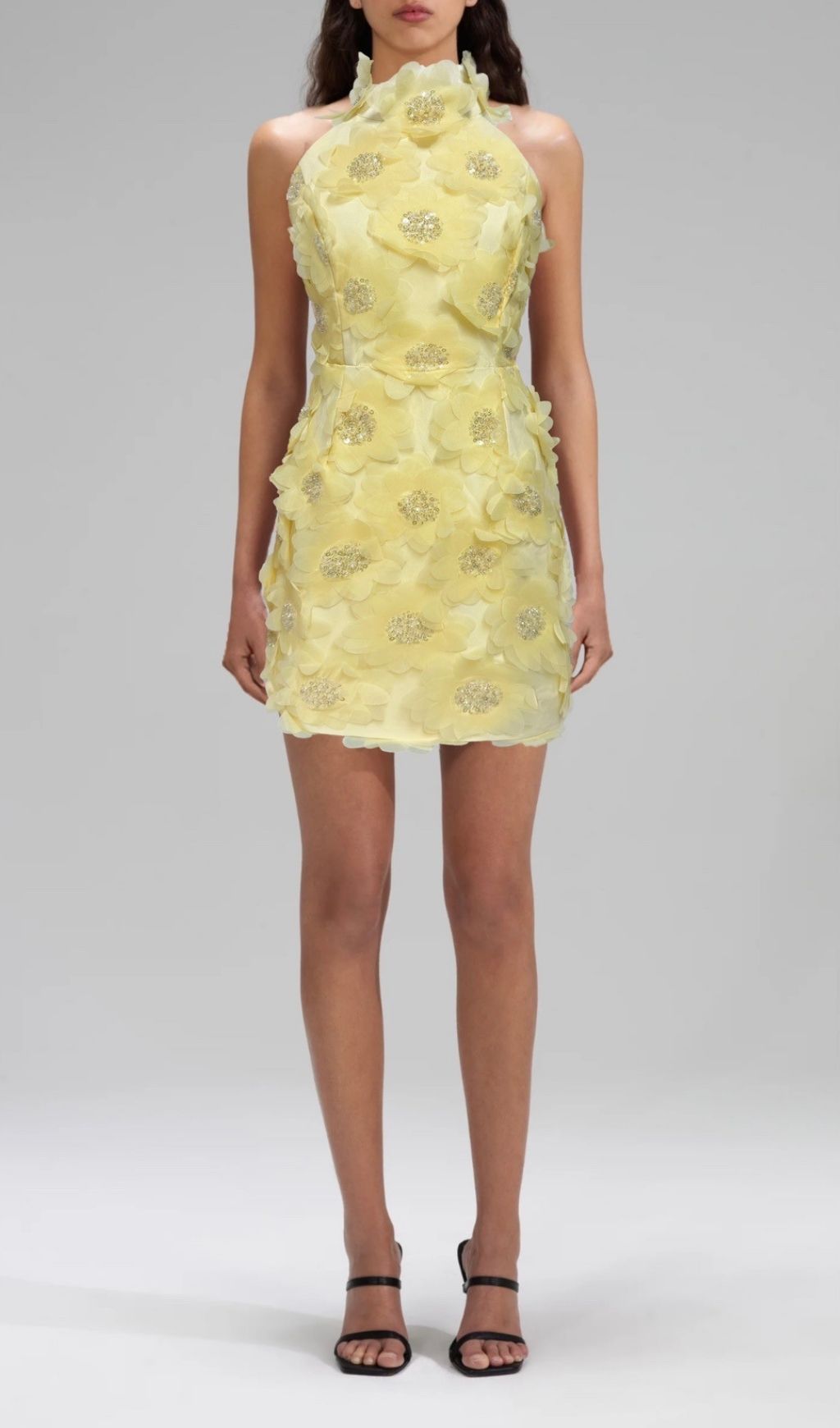 Radiant Pavryn Yellow Halterneck Sequin Flower Mini Dress