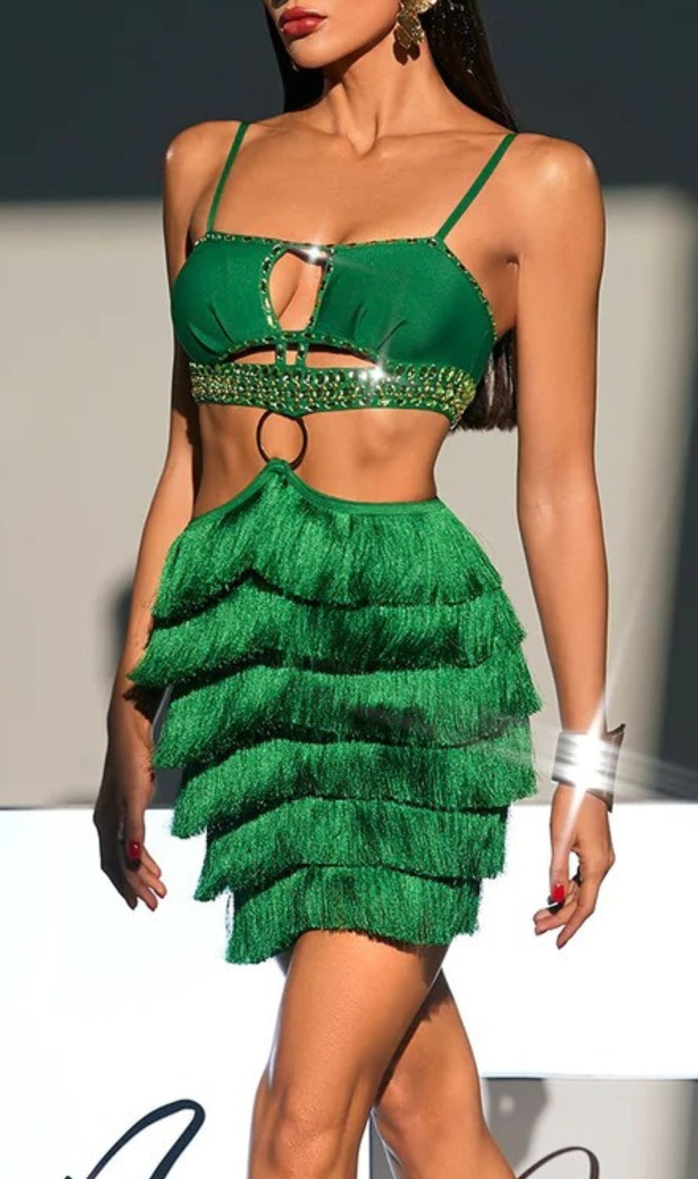 Analeigh Green Rhinestone Cutout Fringe Dress