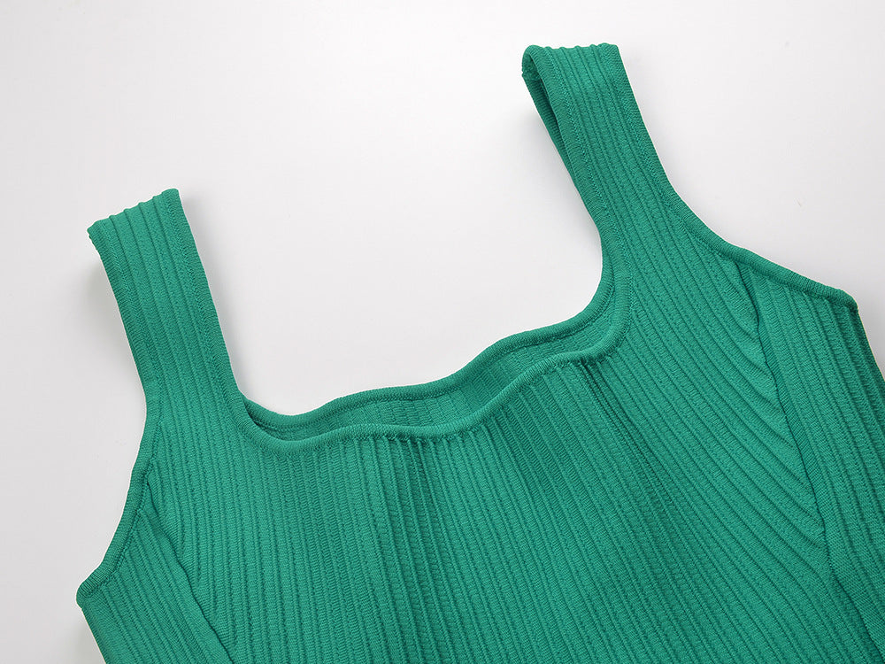Emerald Green Ribbed Knit Mini Dress | Square Neck & Pockets