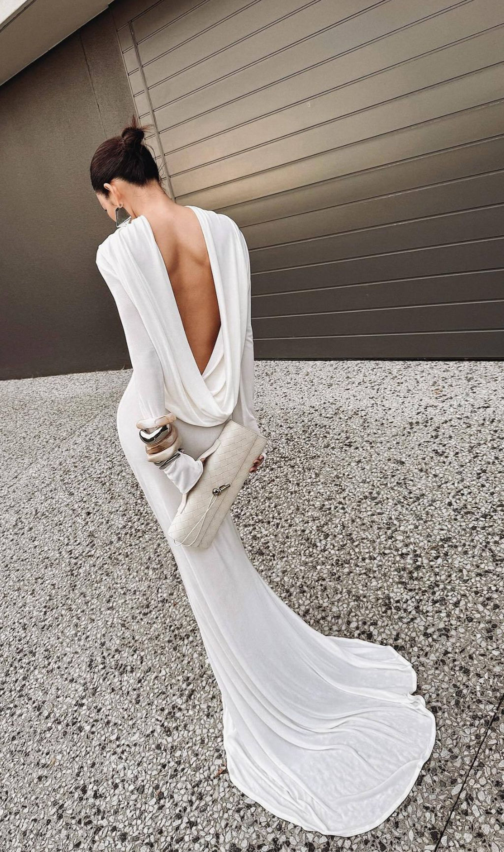 Joachim White Backless Long Sleeve Maxi Gown | Elegant Bridal & Formal Dress