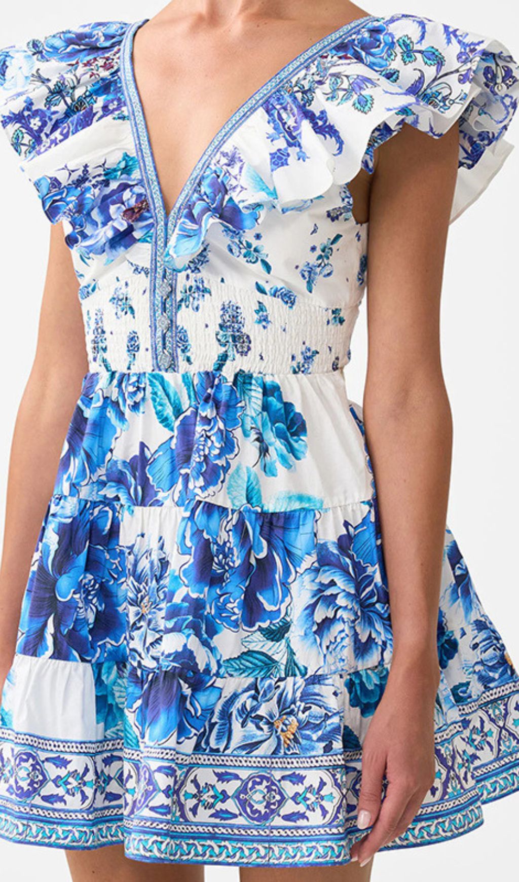 Haru Blue Floral Ruffle Mini Dress | Chic Smocked Tiered Sundress for Women