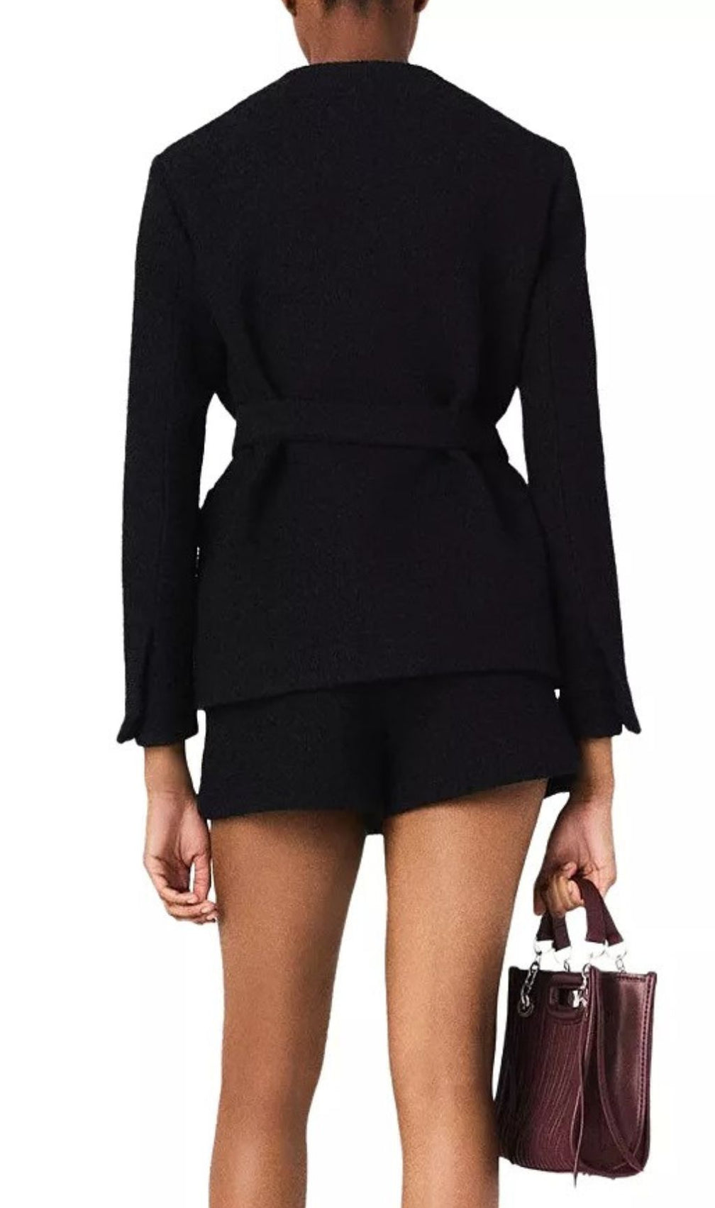 Chic Black & White Belted Tweed Jacket with Contrast Trim